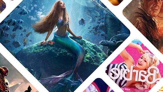 A mosaic of images from 2023’s summer movies, including ‘The Little Mermaid,’ ‘Barbie,’ and ‘Indiana Jones and the Dial of Destiny.'